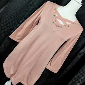 CABLE & GAUGE! DUSTY ROSE PINK KNIT 3/4 SLEEVE CRISS-CROSS FRONT TOP SHIRT! SZ M